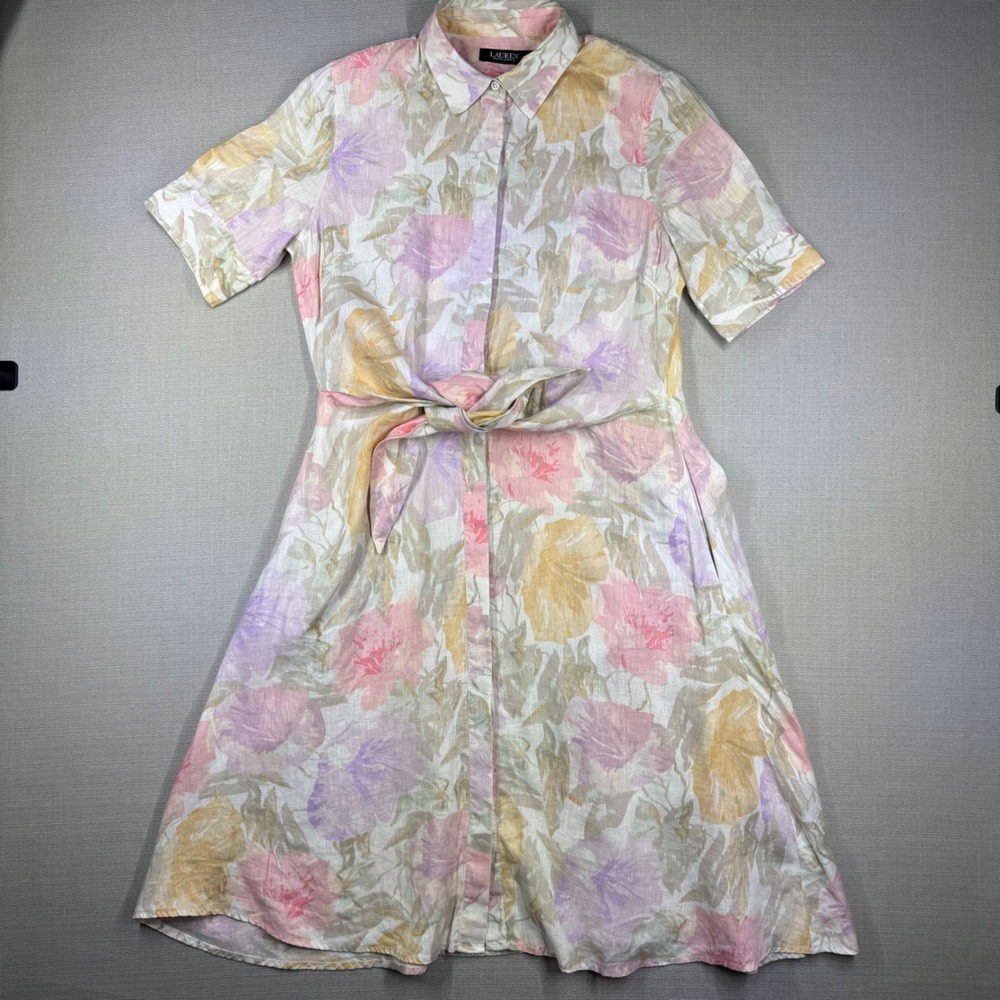 Lauren Ralph Lauren Womens Linen Floral Front Tie Dress Size 8